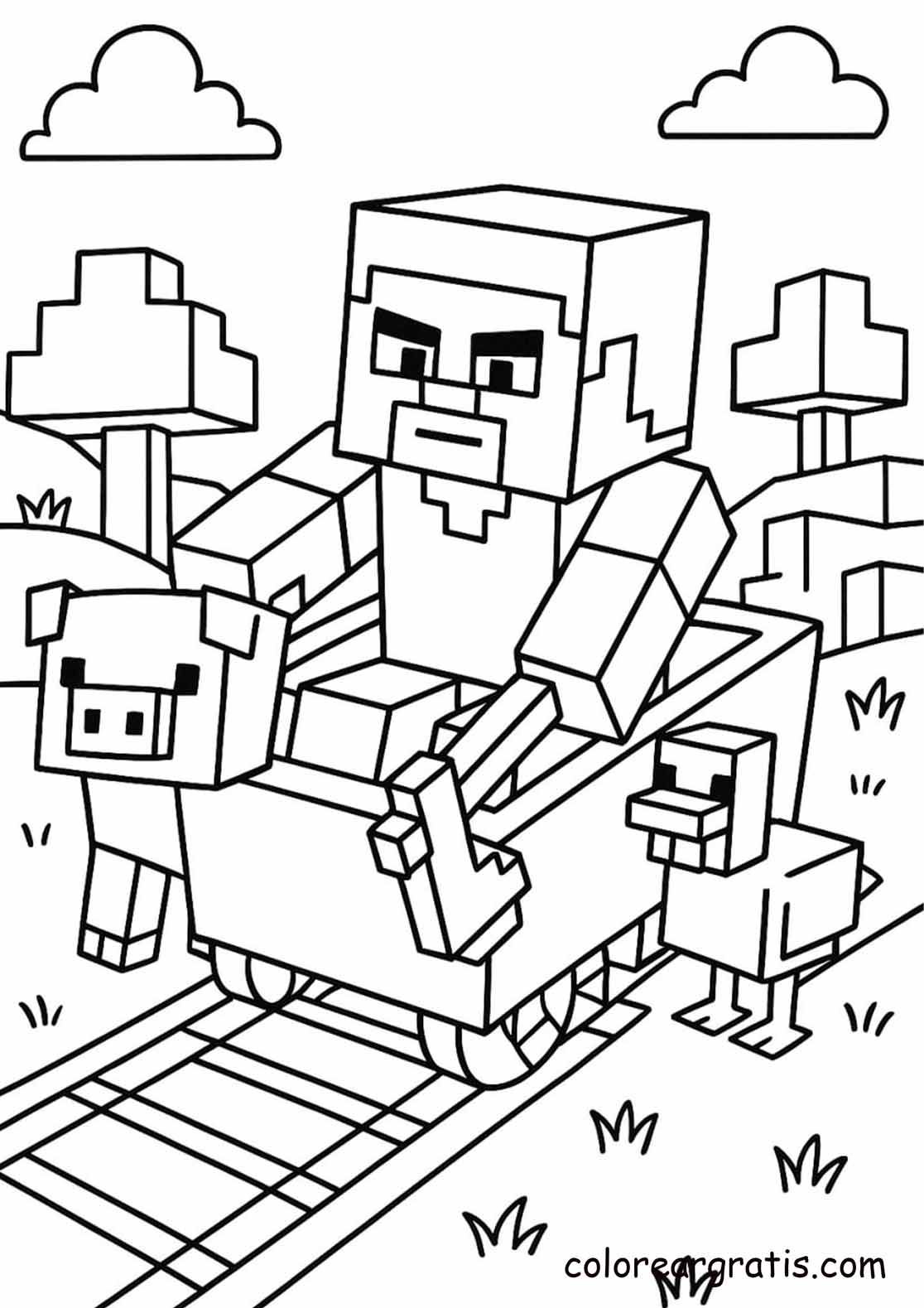 Vagoneta Minera para colorear HD fácil y bonito - Descarga e imprime gratis - Dibujo exclusivo de Minecraft