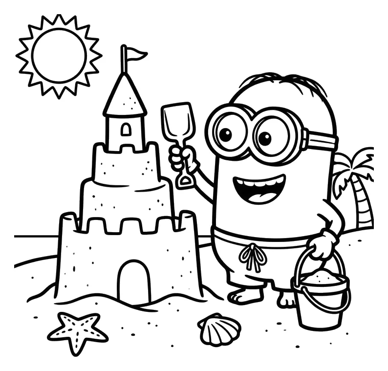 Minion Haciendo un Castillo de Arena en la Playa para colorear e imprimir Dibujo de Minion Haciendo un Castillo de Arena en la Playa de Minions para colorear