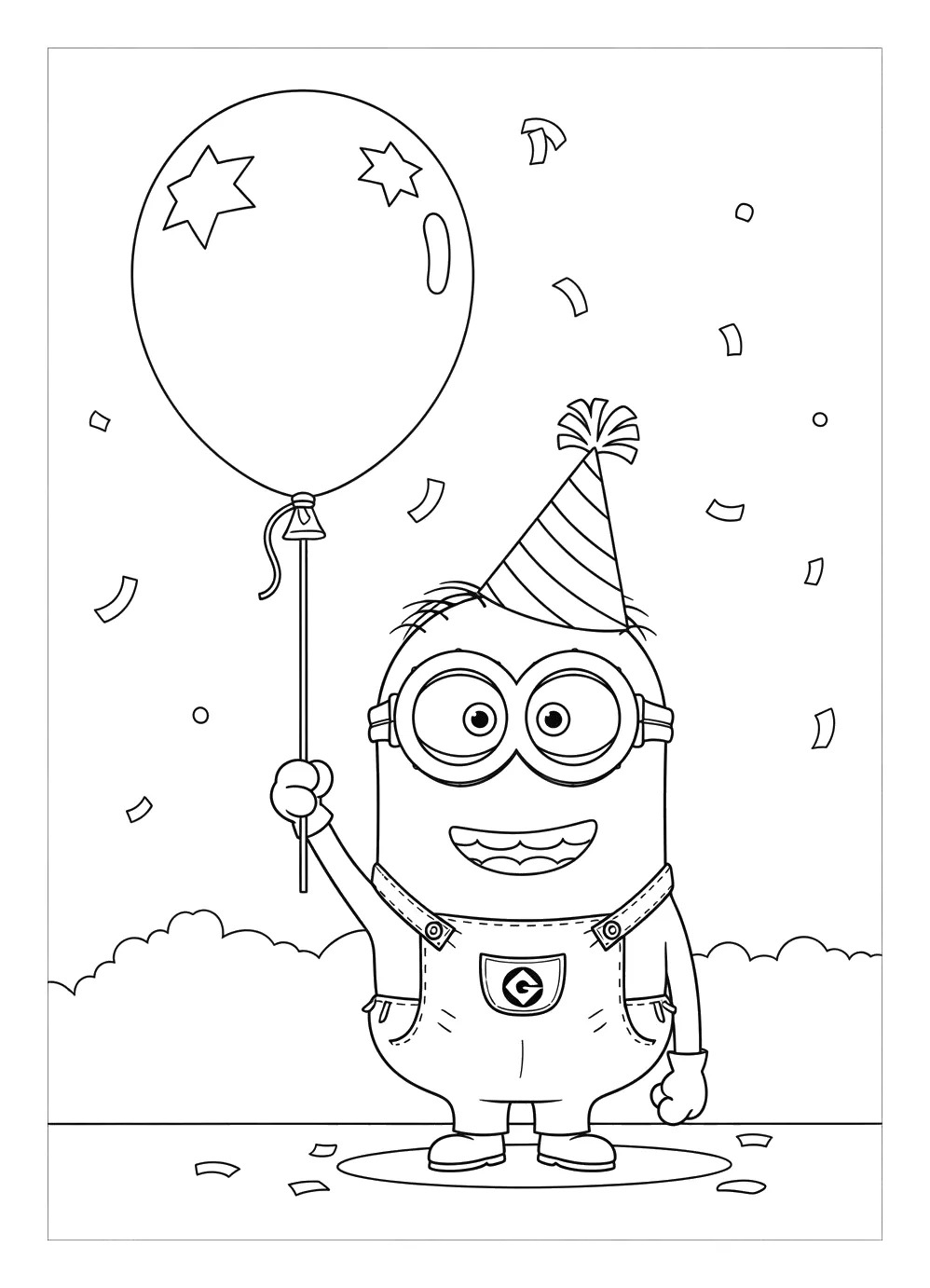 Minion con Gorro de Fiesta y Globo de Estrellas para colorear e imprimir Dibujo de Minion con Gorro de Fiesta y Globo de Estrellas de Minions para colorear