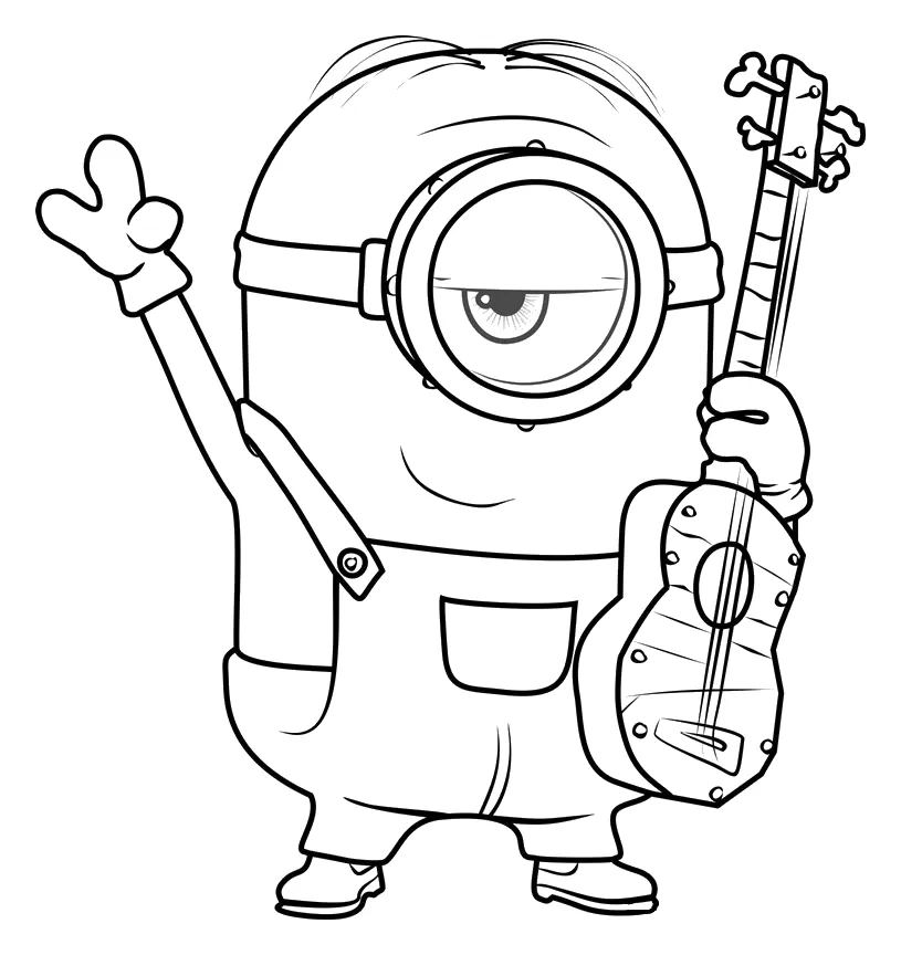 Stuart con su Guitarra Saludando para colorear e imprimir Dibujo de Stuart con su Guitarra Saludando de Minions para colorear