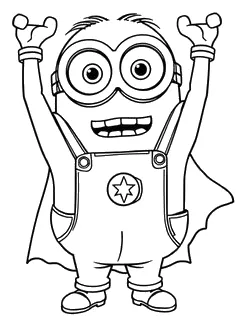 Minion Superhéroe con Capa para colorear e imprimir Minion Superhéroe con Capa para colorear - Minions: el Minion levanta los dos brazos con los puños cerrados, en pose de victoria