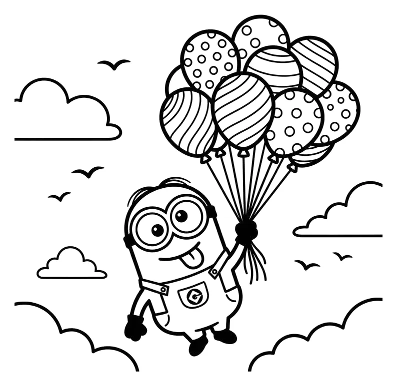 Minion Volando con un Ramo de Globos para colorear e imprimir Dibujo de Minion Volando con un Ramo de Globos de Minions para colorear