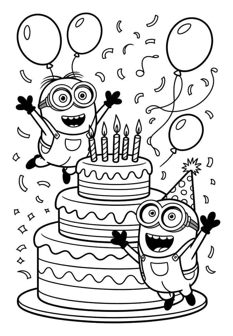 Minions Saltando junto a una Tarta de Cumpleaños para colorear e imprimir Dibujo de Minions Saltando junto a una Tarta de Cumpleaños para colorear