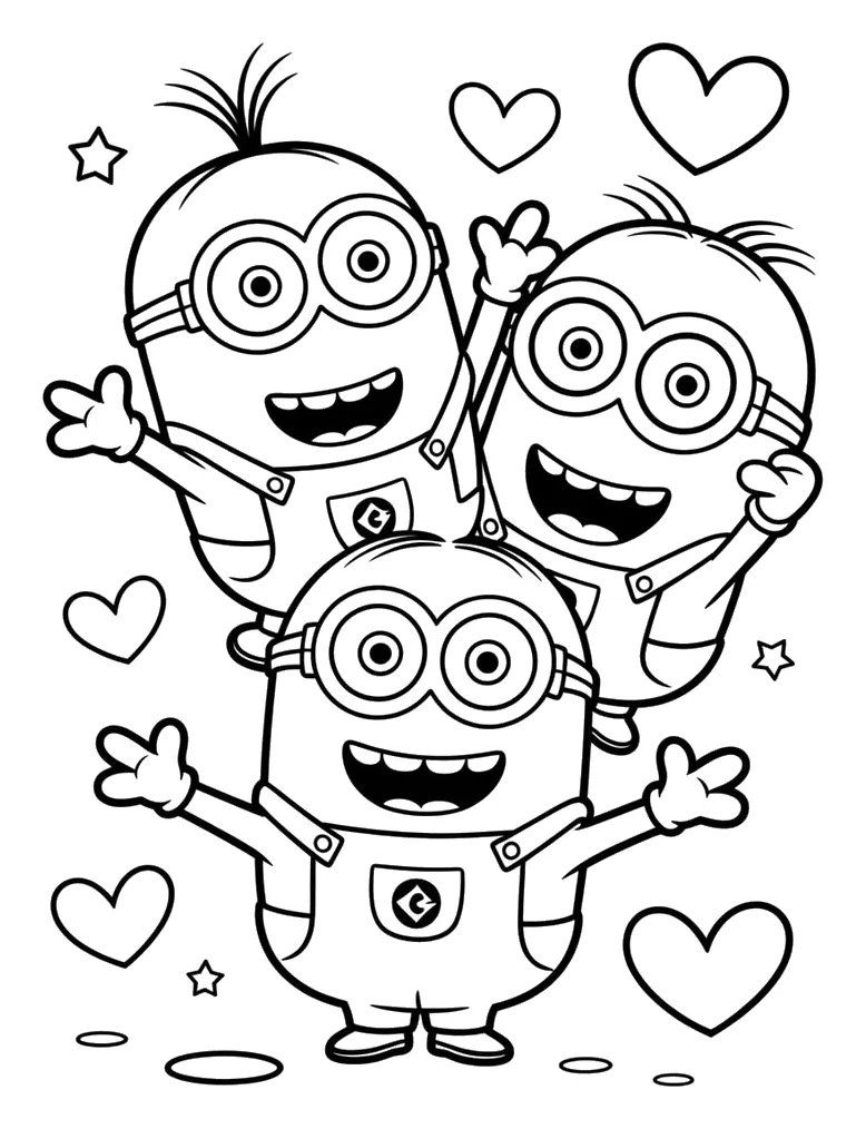 Tres Minions Abrazados entre Corazones para colorear e imprimir Dibujo de Tres Minions Abrazados entre Corazones para colorear
