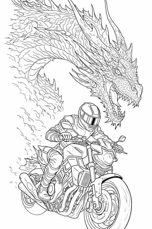 Motorista y Dragón de Fuego para colorear e imprimir Dibujo de Motorista y Dragón de Fuego de Motos para colorear