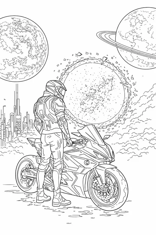 Motorista entre Planetas para colorear e imprimir Dibujo de Motorista entre Planetas de Motos para colorear