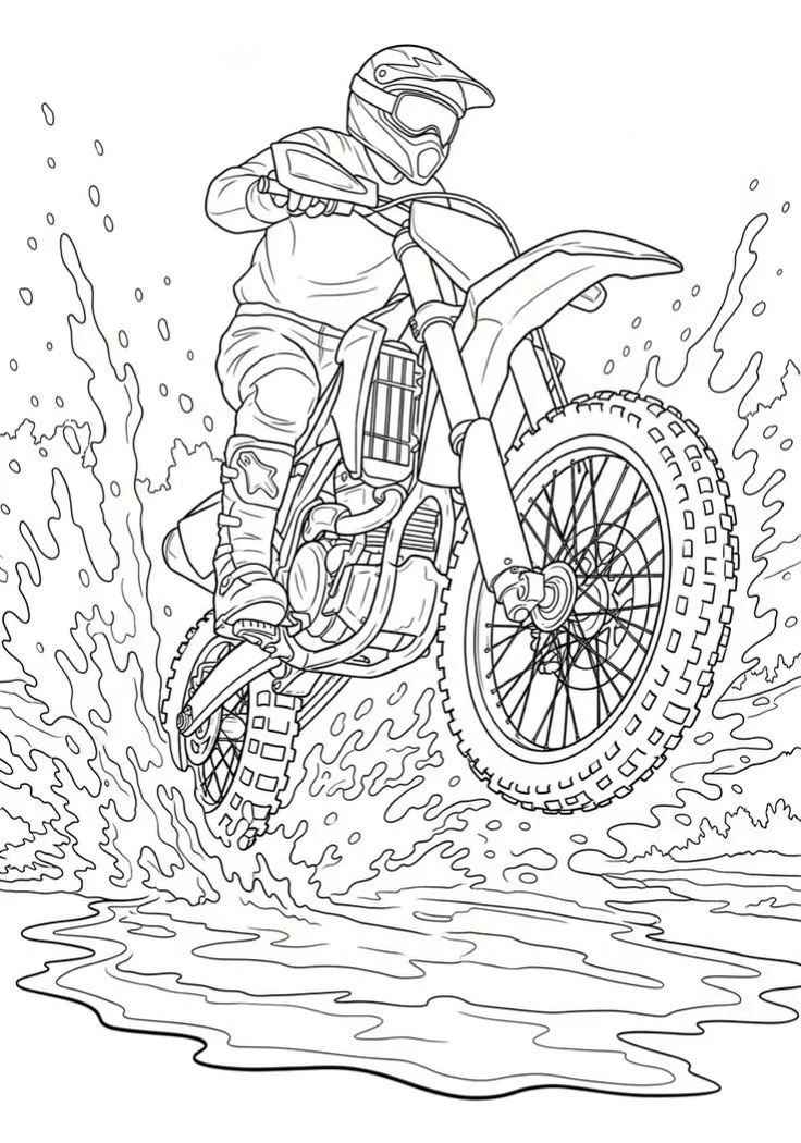 Motocross Atravesando un Charco para colorear e imprimir Dibujo de Motocross Atravesando un Charco de Motos para colorear