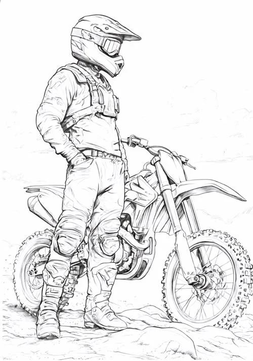 Piloto de Motocross junto a su Moto para colorear e imprimir Dibujo de Piloto de Motocross junto a su Moto de Motos para colorear