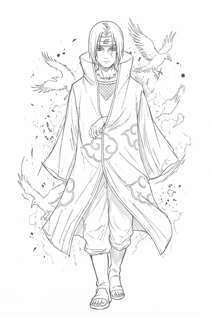 Haz clic para descargar dibujo de Itachi Akatsuki Caminando con Cuervos para colorear e imprimir gratis Itachi Akatsuki Caminando con Cuervos para colorear HD fácil y bonito - Descarga e imprime gratis - Dibujo exclusivo de Naruto
