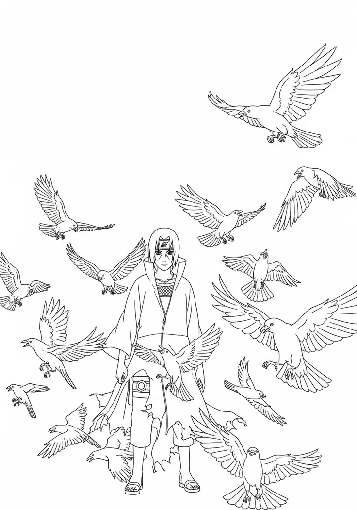 Haz clic para descargar dibujo de Itachi con Cuervos Volando para colorear e imprimir gratis Itachi con Cuervos Volando para colorear HD fácil y bonito - Descarga e imprime gratis - Dibujo exclusivo de Naruto