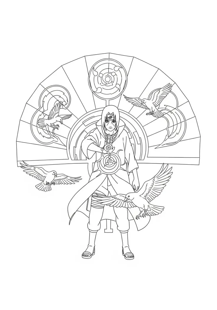 Haz clic para descargar dibujo de Itachi Sharingan con Cuervos y Abanico para colorear e imprimir gratis Itachi Sharingan con Cuervos y Abanico para colorear HD fácil y bonito - Descarga e imprime gratis - Dibujo exclusivo de Naruto