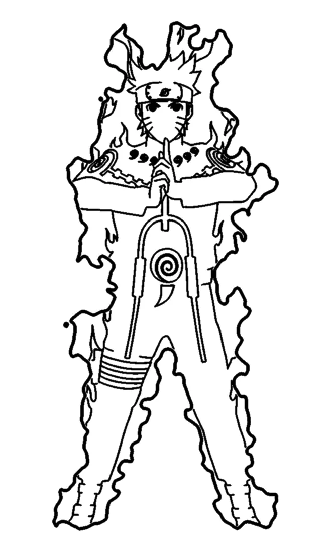 Naruto en Modo Chakra del Kyubi para colorear e imprimir Naruto en Modo Chakra del Kyubi para colorear: Naruto está de pie y de frente, con las piernas abiertas y las manos juntas delante de la cara y el índice levantado, haciendo un sello