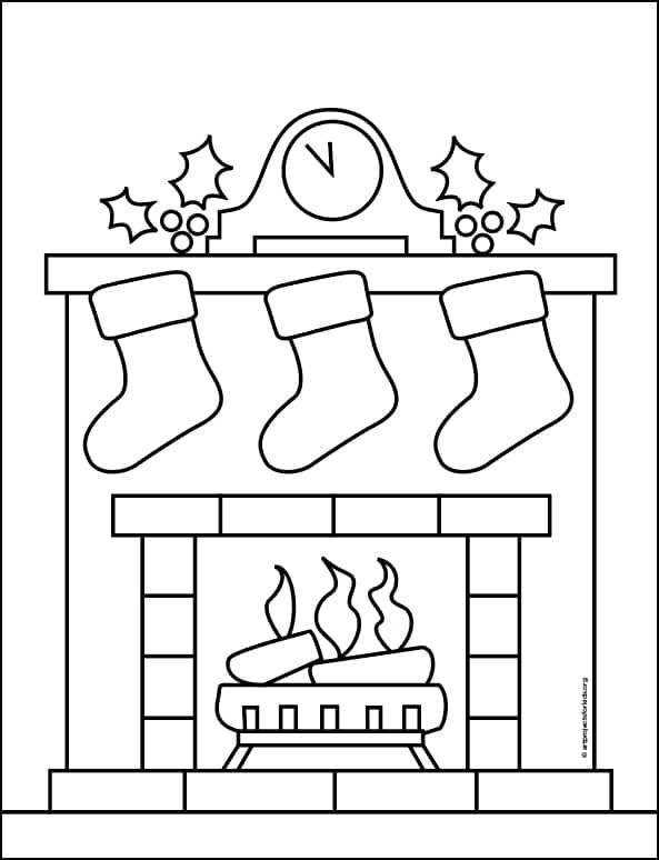 Chimenea con regalos de Navidad para colorear PDF
