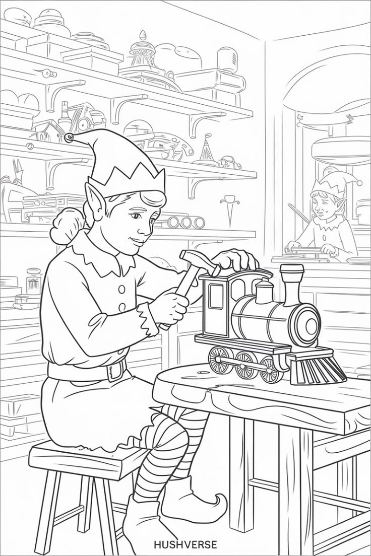 Elfo haciendo regalos de Navidad para colorear e imprimir