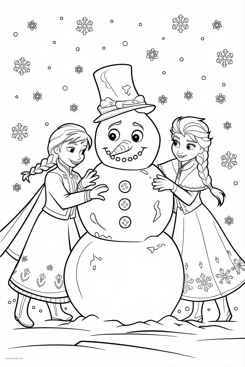 Elsa y Anna con muñeco de nieve para colorear PDF