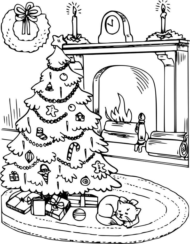 Gato de Navidad para colorear fácil (niños) y descargar PDF