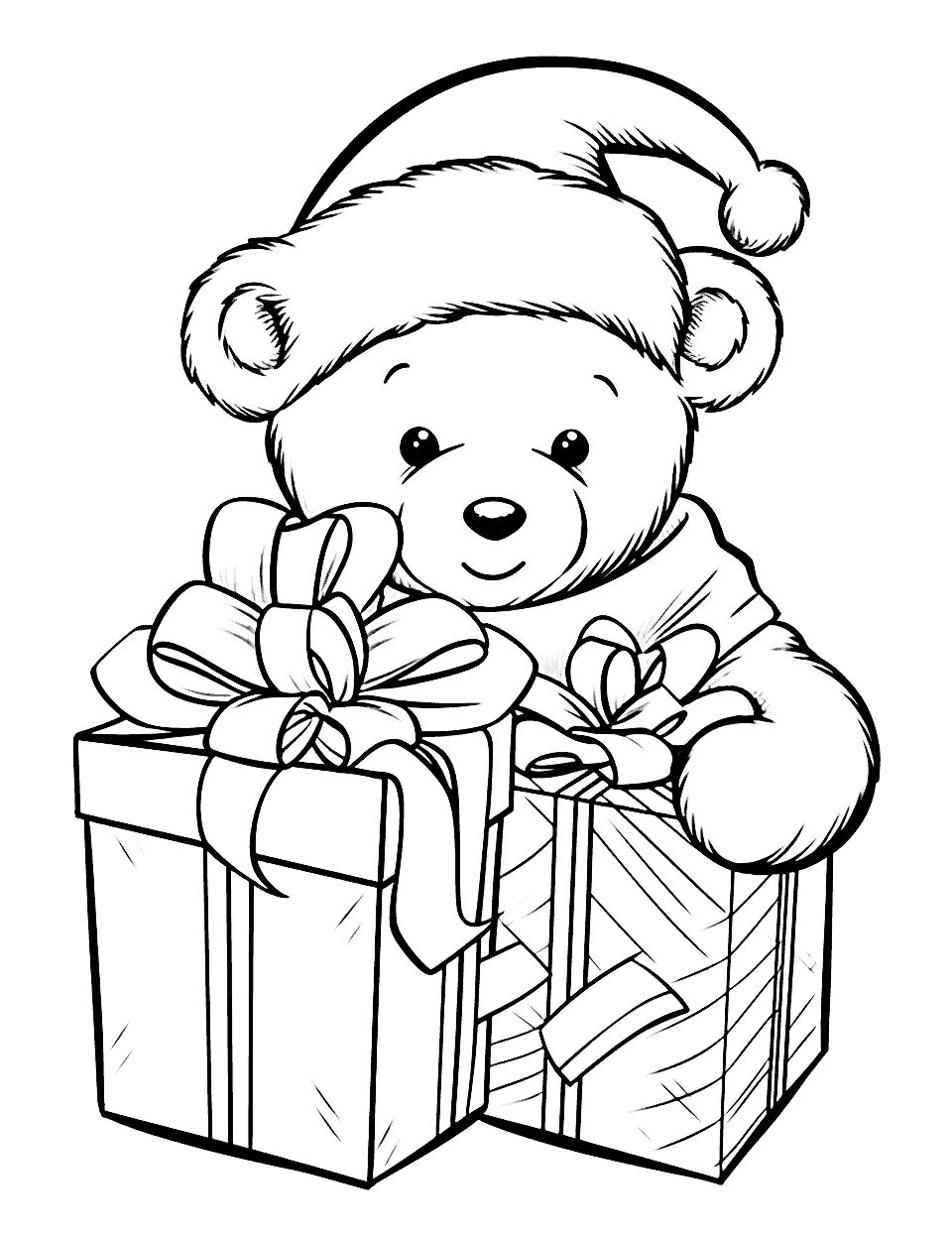Oso con regalos de Navidad para colorear e imprimir (fácil)