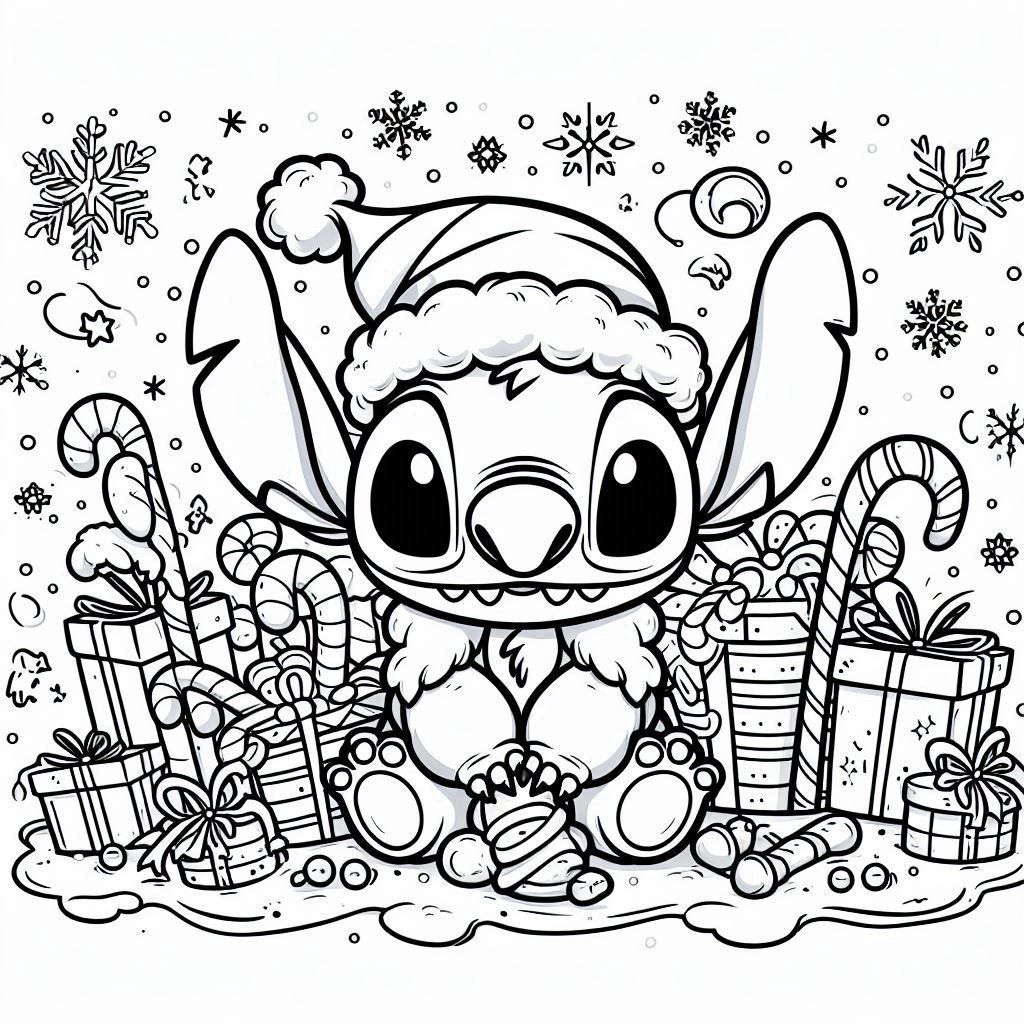 Stitch con regalos de Navidad para colorear (PDF)