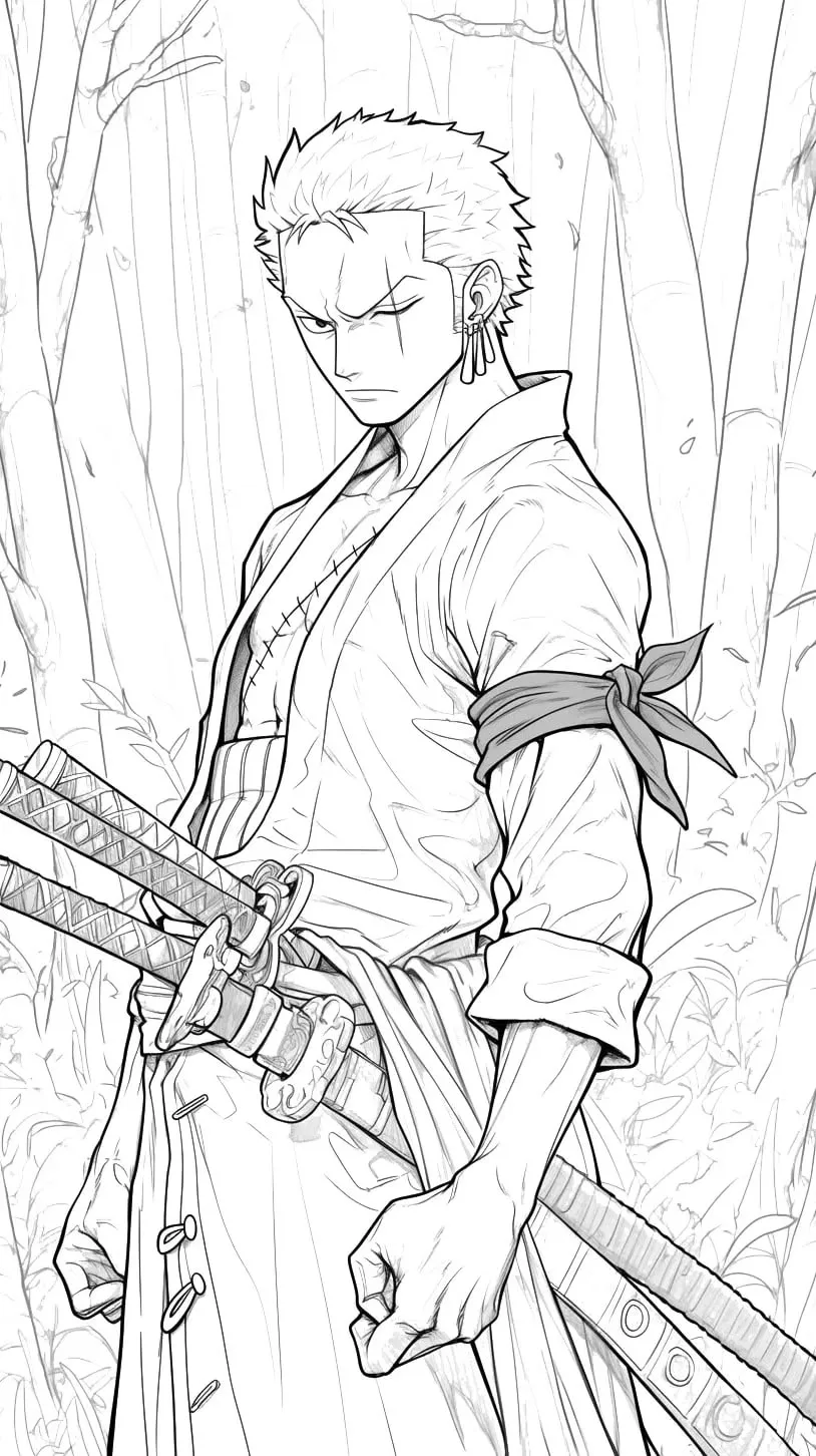 Haz clic para descargar dibujo de Zoro con Espadas en Bambú para colorear e imprimir gratis Zoro con Espadas en Bambú para colorear HD fácil y bonito - Descarga e imprime gratis - Dibujo exclusivo de One