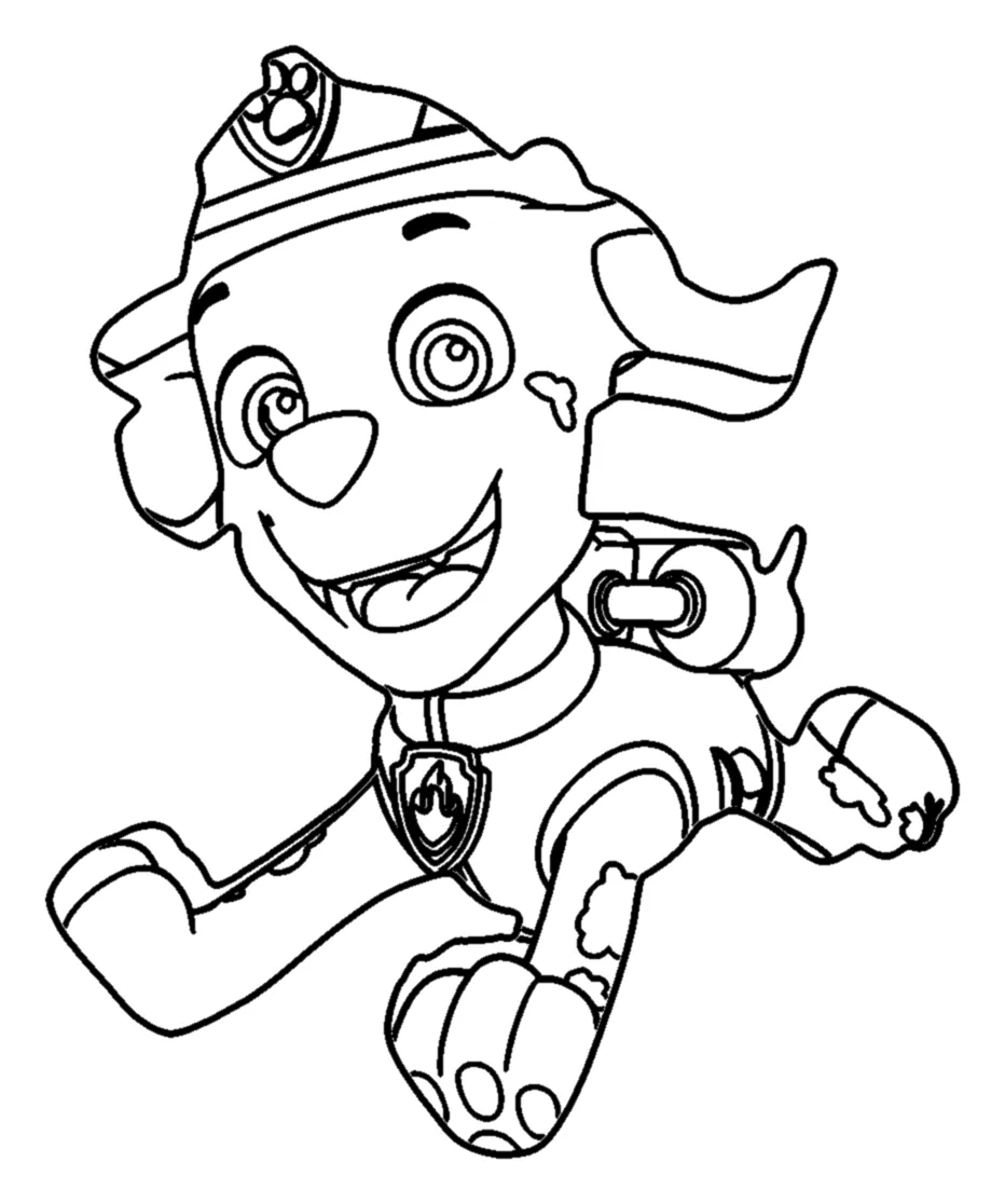 Marshall Corriendo con su Mochila de Bombero para colorear e imprimir Marshall Corriendo con su Mochila de Bombero para colorear - Patrulla Canina: Marshall corre hacia delante con una pata adelantada y la boca abierta de alegría