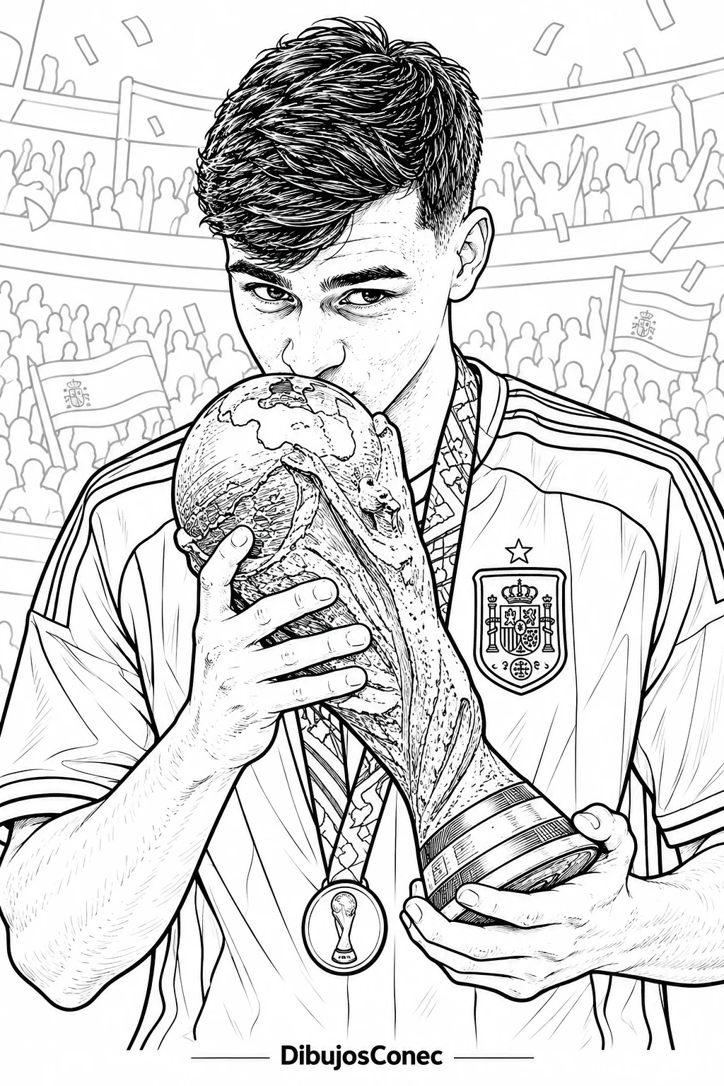 Pedri Besando el Trofeo para colorear e imprimir Dibujo de Pedri Besando el Trofeo para colorear