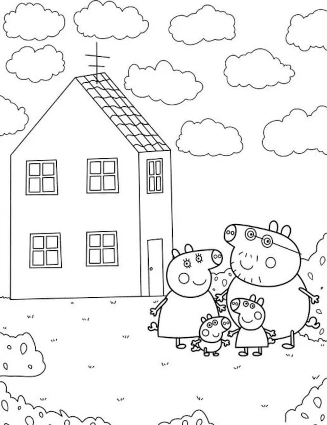 La Familia Pig Frente a su Casa para colorear - Pepa Pig