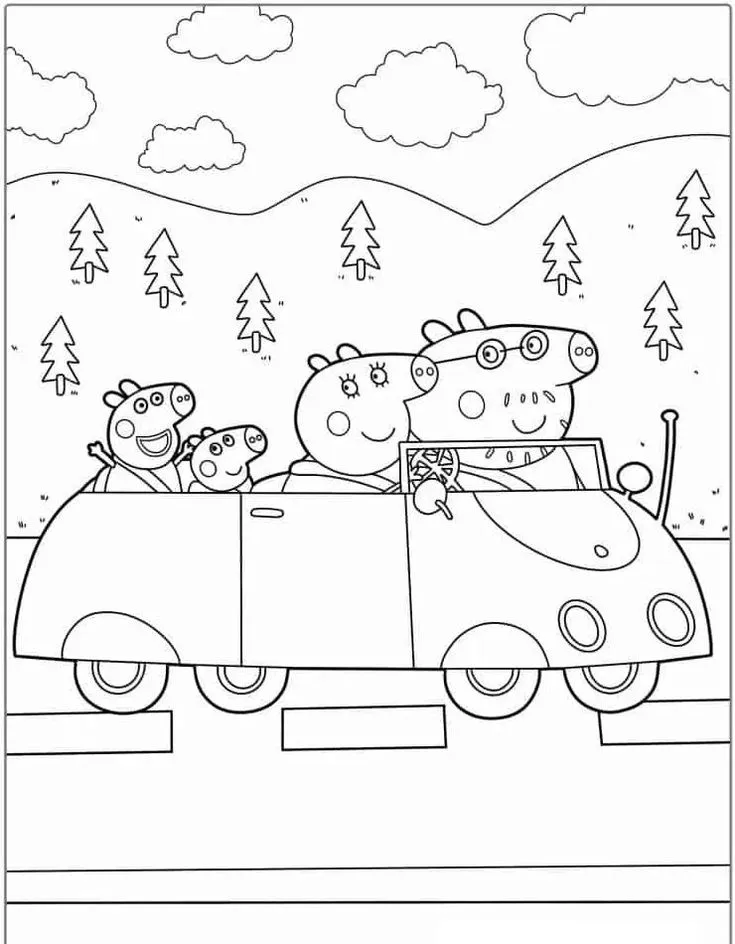 La Familia Pig de Paseo en Coche para colorear - Pepa Pig