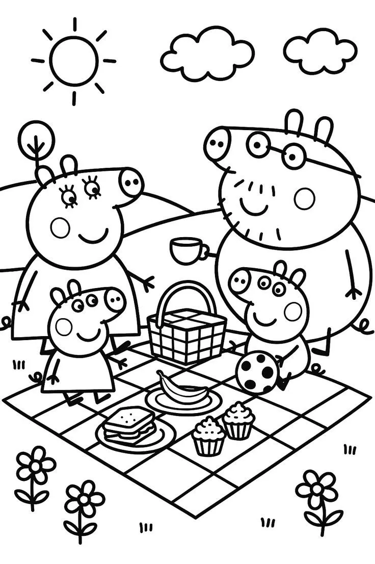 La Familia Pig de Pícnic en el Campo para colorear - Pepa Pig