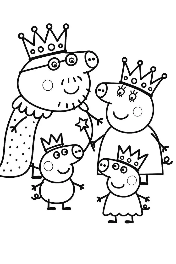 La Familia Pig con Coronas de Reyes para colorear - Pepa Pig