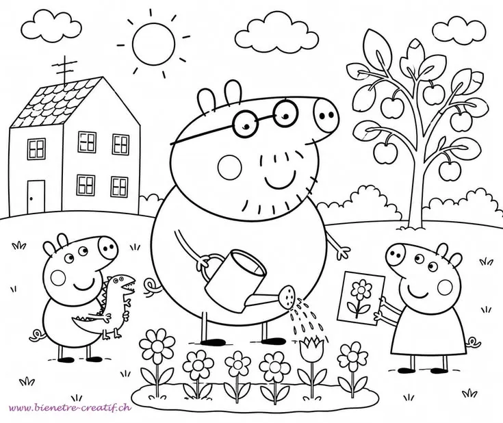 Papá Pig Regando el Jardín para colorear - Pepa Pig