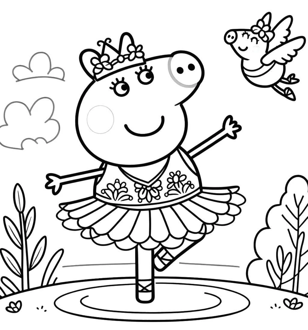 Ver dibujo completo de Peppa Bailarina con un Pájaro para colorear Peppa Bailarina con un Pájaro para colorear - Dibujo de Pepa Pig para imprimir gratis