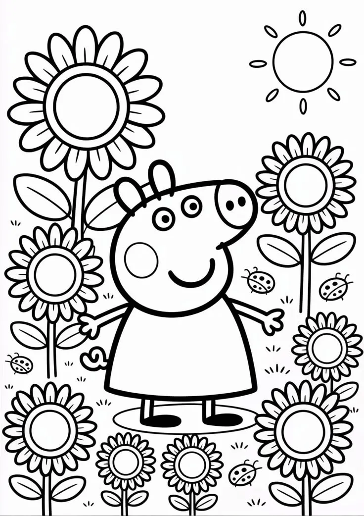 Haz clic para descargar dibujo de Peppa con Girasoles y Mariquitas para colorear e imprimir gratis Peppa con Girasoles y Mariquitas para colorear HD fácil y bonito - Descarga e imprime gratis - Dibujo exclusivo de Pepa