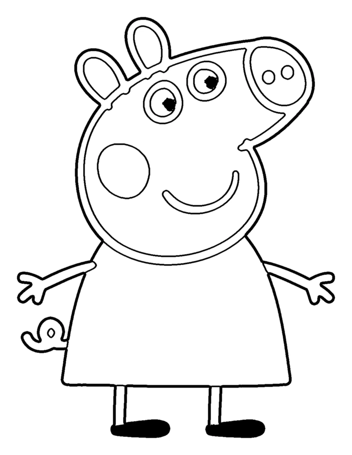 Peppa Pig de Pie Sonriendo para colorear e imprimir Peppa Pig de Pie Sonriendo para colorear - Pepa Pig: Peppa sola, de pie y de perfil, tal como aparece al principio de cada capítulo: el hocico mirando a la derecha con sus dos agujeros, los dos ojos juntos en el mismo lado…