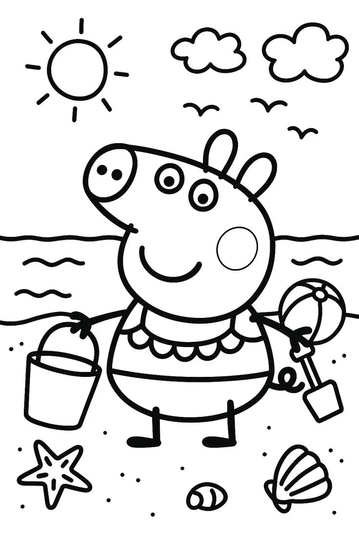 Ver dibujo completo de Peppa en la Playa Dándose un Baño para colorear Peppa en la Playa Dándose un Baño para colorear - Dibujo de Pepa Pig para imprimir gratis