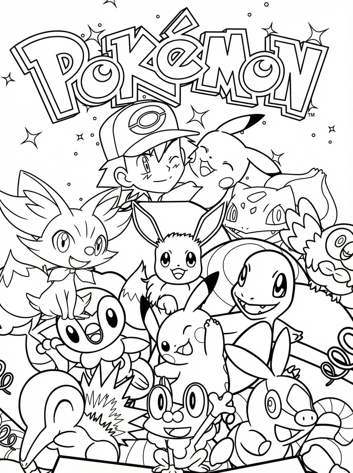 Ver dibujo completo de Ash y Pikachu con Grupo Pokémon y Logo para colorear Dibujo de Ash y Pikachu con Grupo Pokémon y Logo para colorear e imprimir gratis - Plantilla en alta calidad