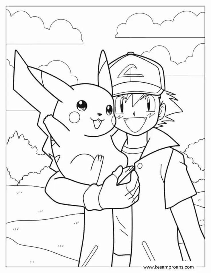 Dibujo relacionado de Ash y Pikachu en el Paisaje para colorear