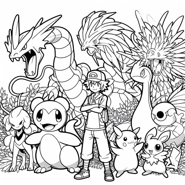 Ver dibujo completo de Ash y sus Pokémon para colorear Dibujo de Ash y sus Pokémon para colorear e imprimir gratis - Plantilla en alta calidad