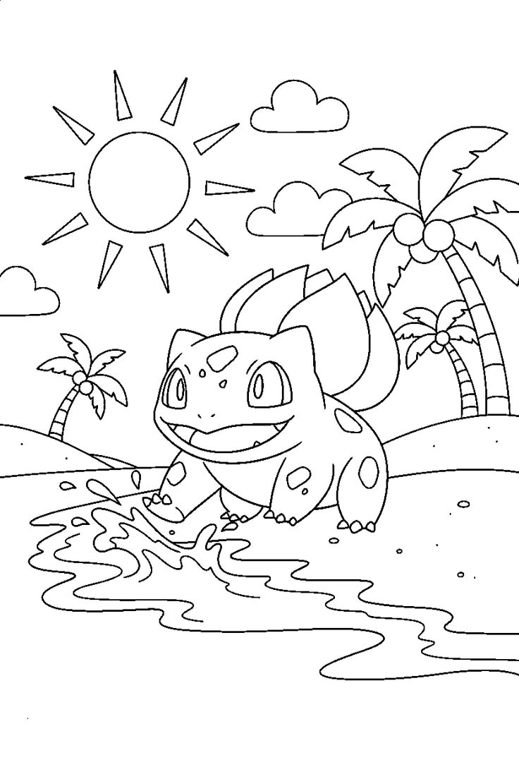 Ver dibujo completo de Bulbasaur en la Playa con Palmeras para colorear Dibujo de Bulbasaur en la Playa con Palmeras para colorear e imprimir gratis - Plantilla en alta calidad