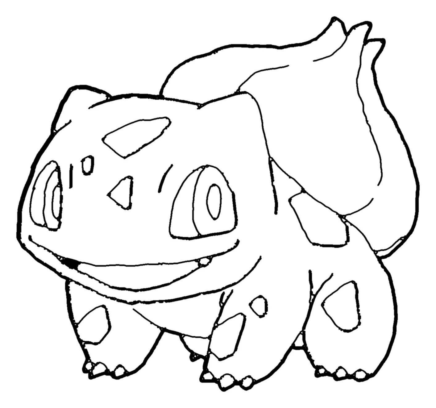 Bulbasaur Sonriendo con su Bulbo a la Espalda para colorear e imprimir Bulbasaur Sonriendo con su Bulbo a la Espalda para colorear - Pikachu y Pokémon: Bulbasaur está a cuatro patas, girado tres cuartos hacia la izquierda, con una sonrisa muy ancha que le deja ver dos colmillitos