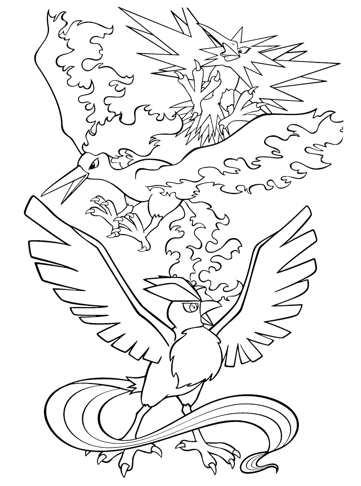 Ver dibujo completo de Moltres, Zapdos y Articuno: Aves Legendarias para colorear Dibujo de Moltres, Zapdos y Articuno: Aves Legendarias para colorear e imprimir gratis - Plantilla en alta calidad
