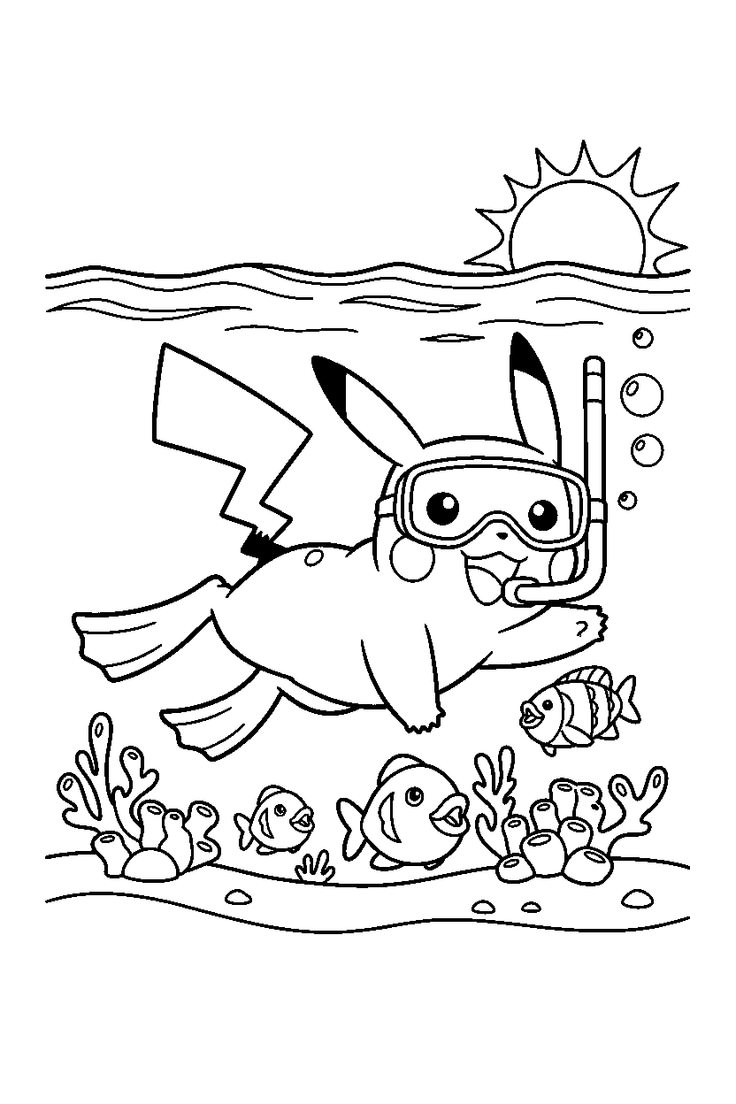 Ver dibujo completo de Pikachu Buceando con Snorkel para colorear Dibujo de Pikachu Buceando con Snorkel para colorear e imprimir gratis - Plantilla en alta calidad