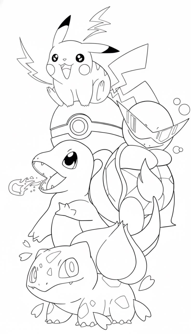Ver dibujo completo de Pikachu, Charmander, Squirtle y Bulbasaur con Pokéball para colorear Dibujo de Pikachu, Charmander, Squirtle y Bulbasaur con Pokéball para colorear e imprimir gratis - Plantilla en alta calidad