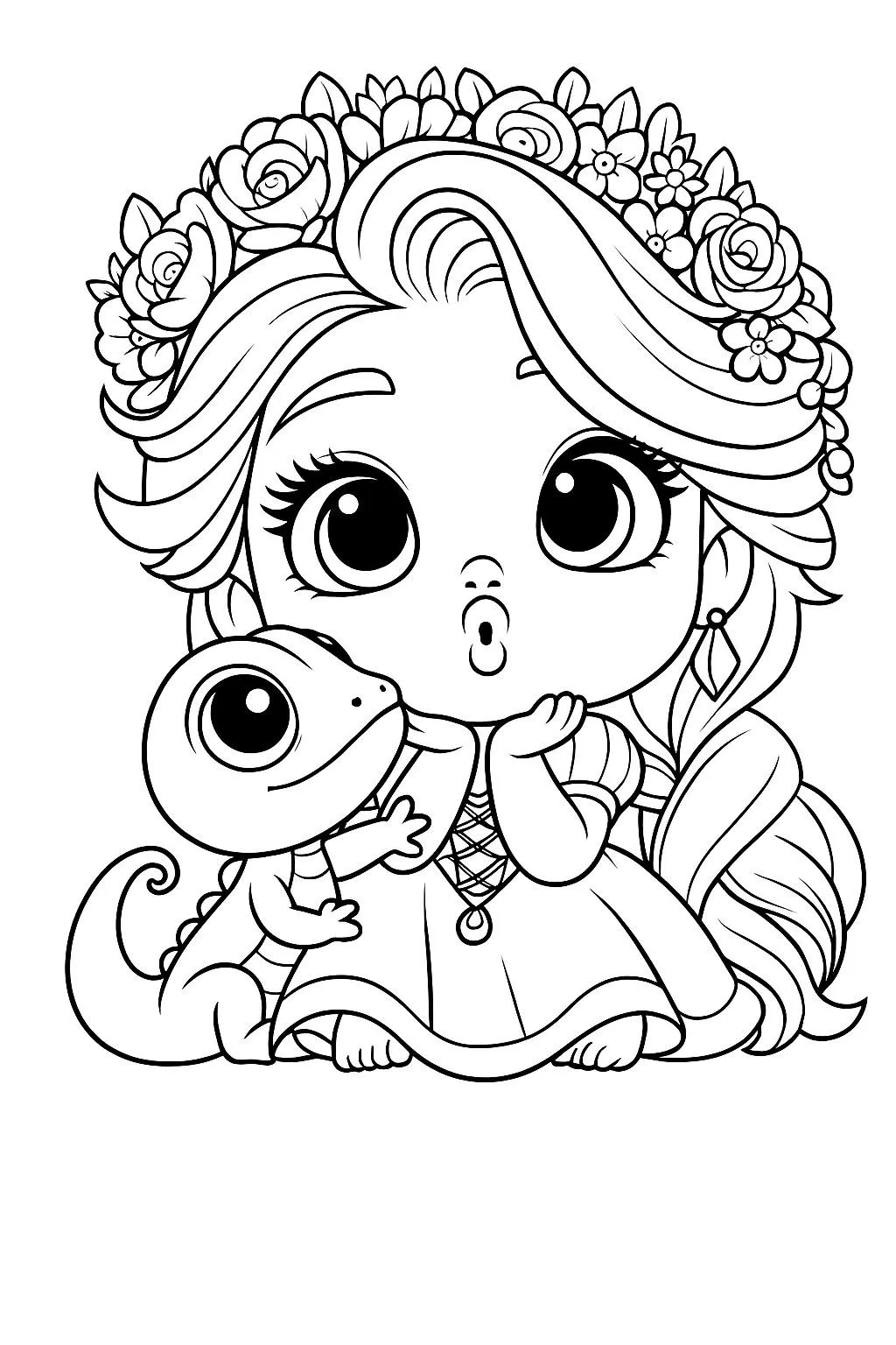 Ver dibujo completo de Rapunzel Chibi con Pascal y Flores para colorear Rapunzel Chibi con Pascal y Flores para colorear - Dibujo de Rapunzel para imprimir gratis