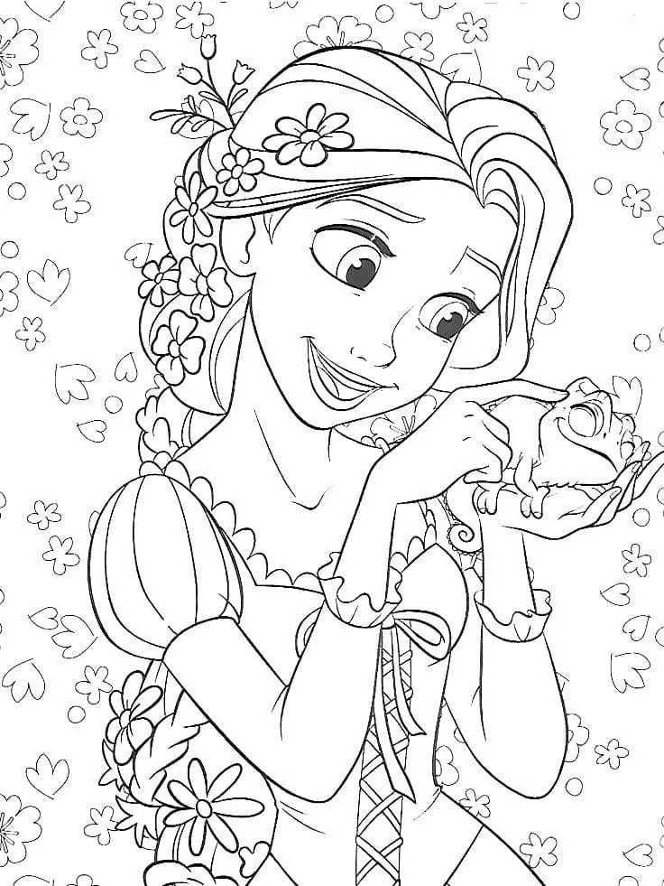 Ver dibujo completo de Rapunzel con Flores y Pascal para colorear Dibujo de Rapunzel con Flores y Pascal para colorear e imprimir gratis - Plantilla en alta calidad
