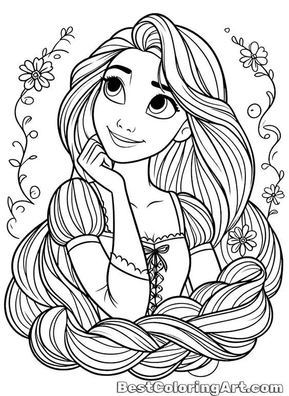 Rapunzel con Flores para colorear HD fácil y bonito - Descarga e imprime gratis - Dibujo exclusivo de Rapunzel