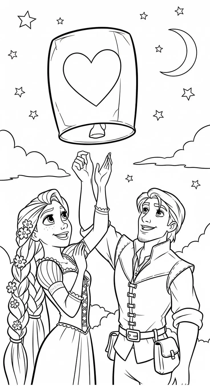 Ver dibujo completo de Rapunzel y Flynn Soltando Linterna para colorear Rapunzel y Flynn Soltando Linterna para colorear - Dibujo de Rapunzel para imprimir gratis