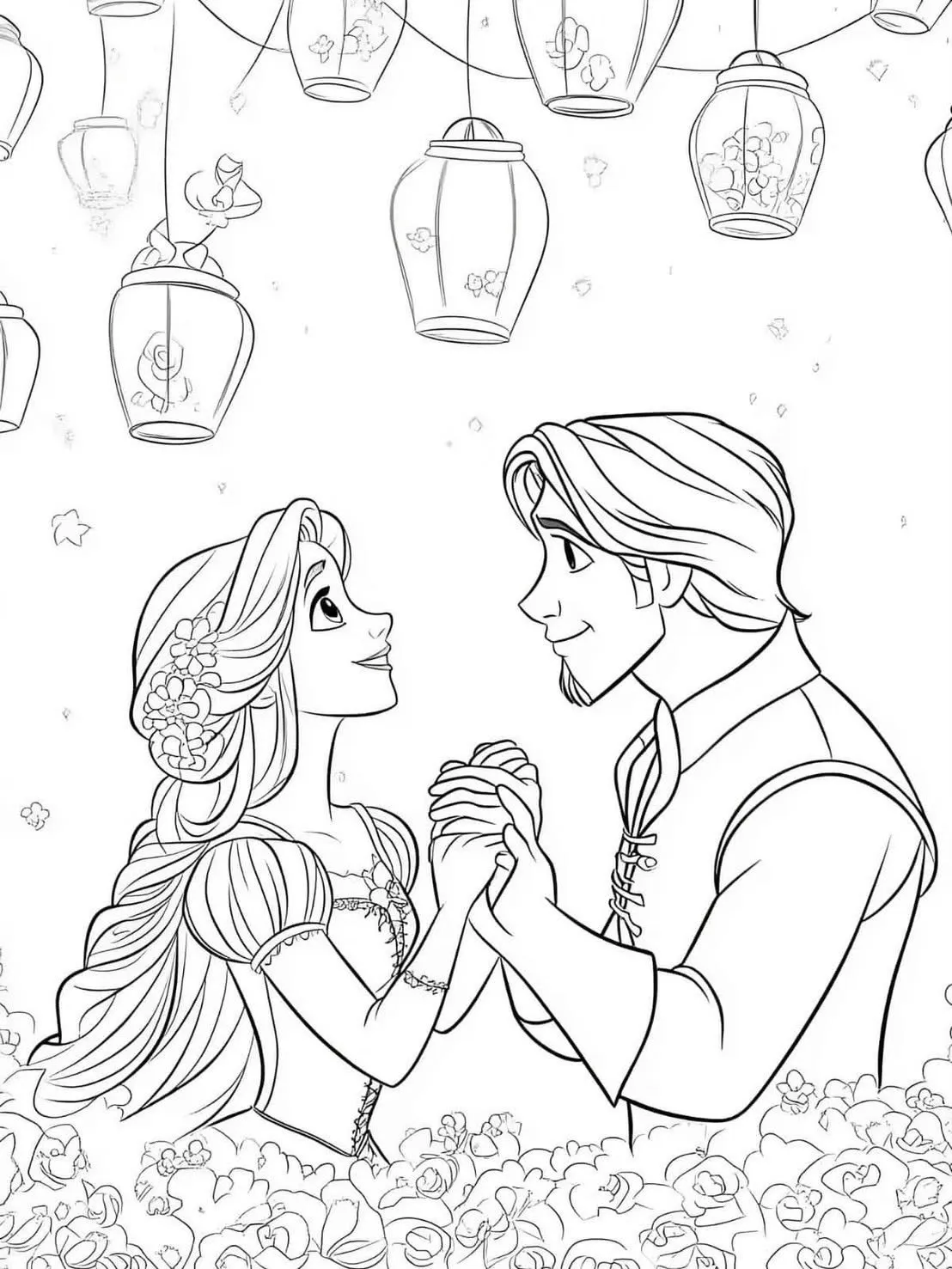 Ver dibujo completo de Rapunzel y Flynn entre Linternas para colorear Rapunzel y Flynn entre Linternas para colorear - Dibujo de Rapunzel para imprimir gratis