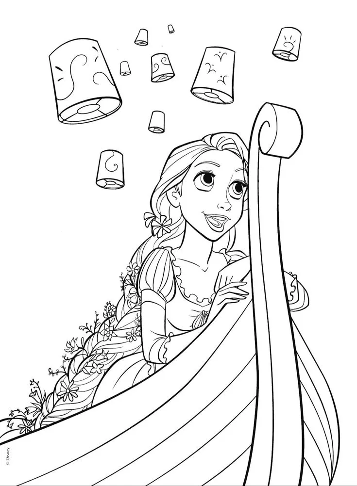 Rapunzel y las Linternas para colorear HD fácil y bonito - Descarga e imprime gratis - Dibujo exclusivo de Rapunzel