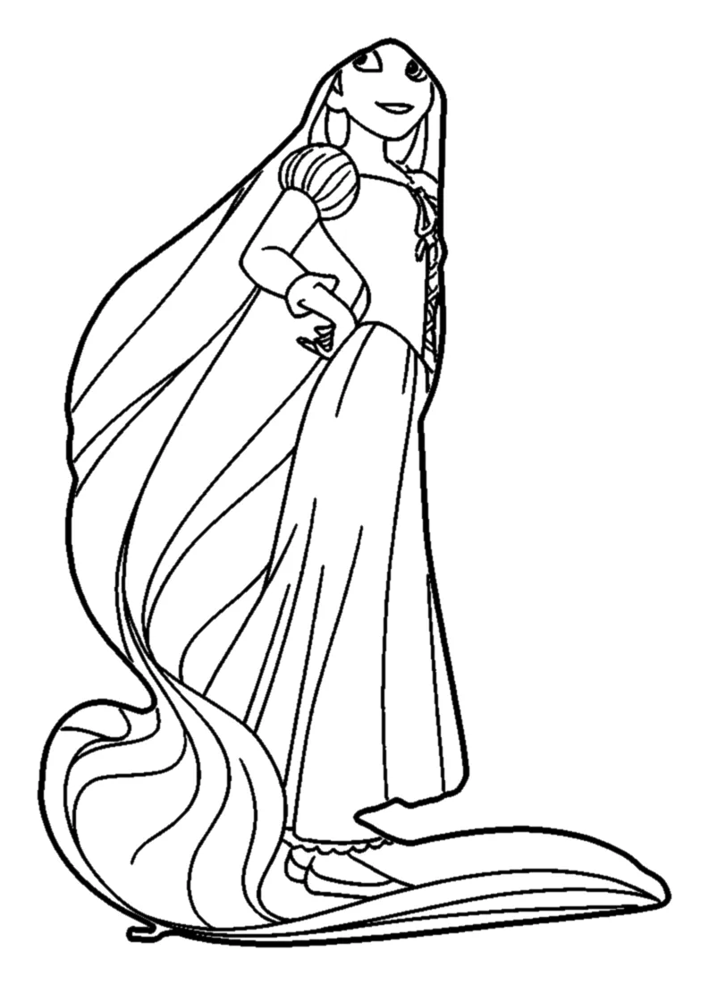 Rapunzel con su Melena Larguísima y la Mano en la Cadera para colorear e imprimir Rapunzel con su Melena Larguísima y la Mano en la Cadera para colorear: Rapunzel está de pie, de lado, con una mano en la cadera y mirando hacia arriba con una sonrisa