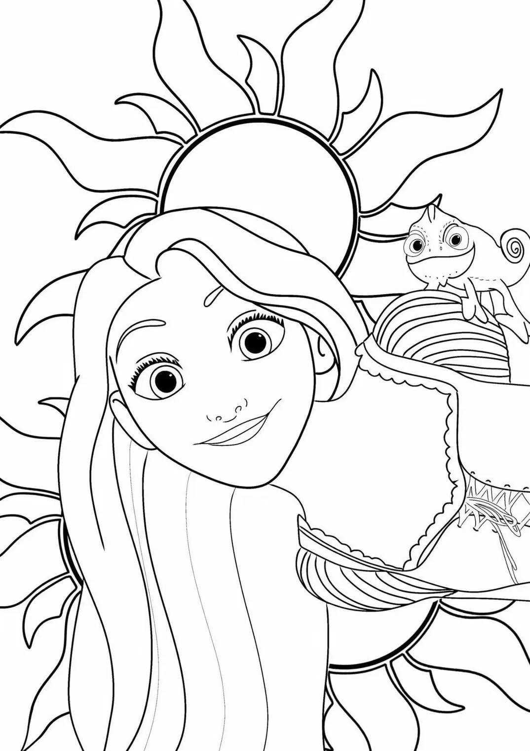 Ver dibujo completo de Rapunzel y Pascal con Sol de Corona para colorear Rapunzel y Pascal con Sol de Corona para colorear - Dibujo de Rapunzel para imprimir gratis